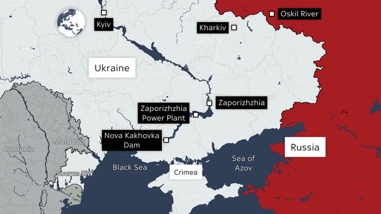 Harta e Ukrainës që tregon lumin Oskil, termocentralin Zaporizhzia dhe digën Nova Kakhovka