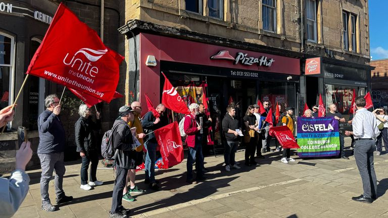 A protest was held on Tuesday afternoon outside a Pizza Hut store in Leith. Pic: Unite