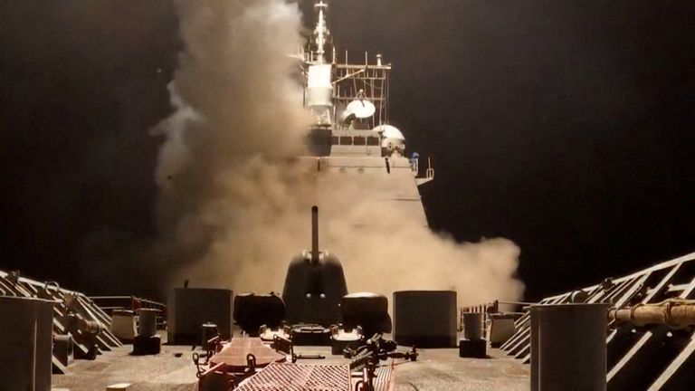 A ship fires missiles at an undisclosed location, after U.S. President Donald Trump launched military strikes against Yemen's Iran-aligned Houthis on Saturday over the group's attacks against Red Sea shipping, in this screengrab obtained from a handout video released on March 15, 2025. U.S. Central Command/Handout via REUTERS THIS IMAGE HAS BEEN SUPPLIED BY A THIRD PARTY