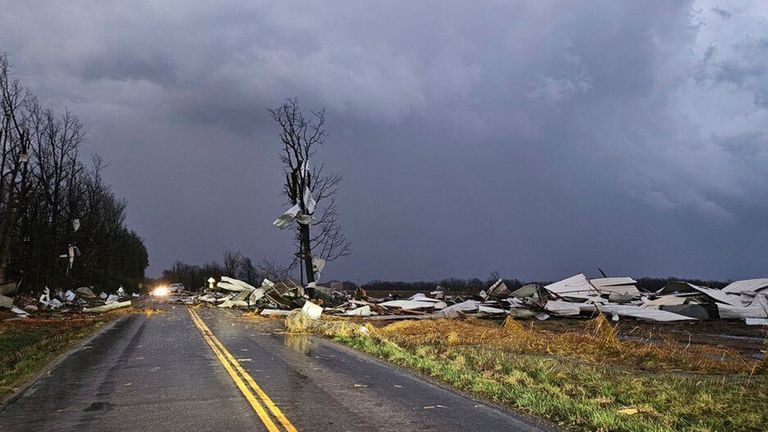 Debris covers the roads amidst a storm in Webster County, Missouri. Photo: AP