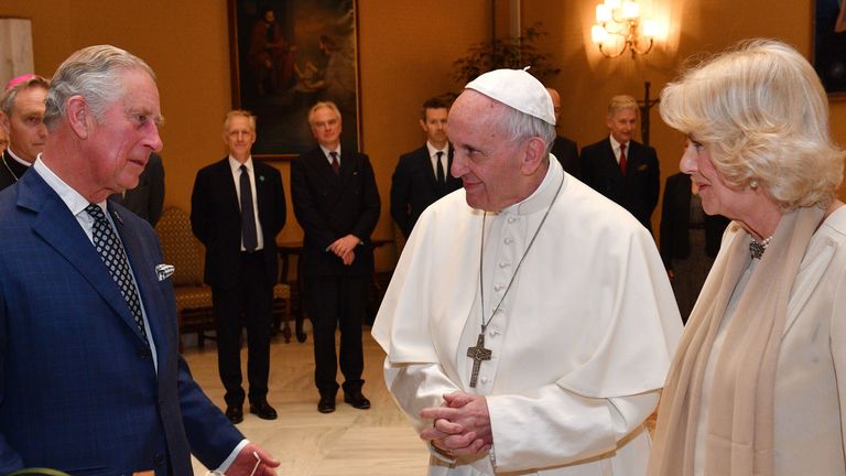 File photo dated 04/04/17 of the Prince of Wales and the Duchess of Cornwall during an audience with Pope Francis at the Vatican. 