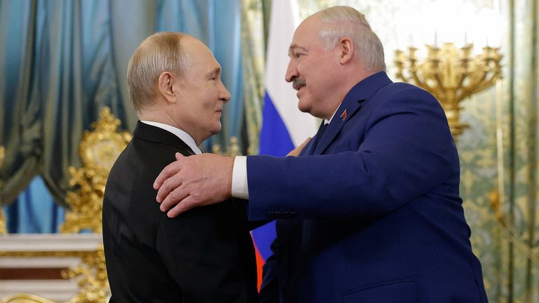 Russia's President Vladimir Putin greets his Belarusian counterpart Alexander Lukashenko during a meeting at the Kremlin in Moscow, Russia, March 13, 2025. REUTERS/Maxim Shemetov/Pool