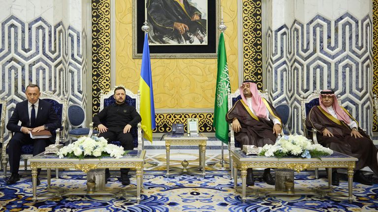 In this photo provided by the Ukrainian Presidential Press Office, Ukrainian President Volodymyr Zelenskyy, center left, meets with Prince Saud bin Mishaal, deputy governor of Saudi Arabia's Mecca region, center right, and Saudi Commerce Minister Majid bin Abdullah al-Qasabi in Riyadh, Saudi Arabia, Monday, March 10, 2025. (Ukrainian Presidential Press Office via AP)