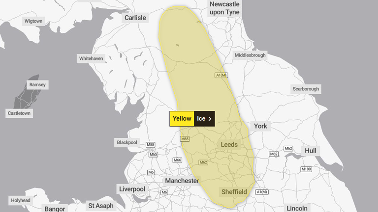 Thursday's ice weather warning covering parts of the North.  Pic: Met Office