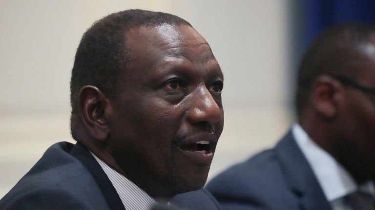 Kenya's President William Ruto speaks during a meeting with U.S. Secretary of State Antony Blinken, on the sidelines of the 79th Session of the United Nations General Assembly at the Lotte Palace Hotel in New York, Thursday, Sept. 26, 2024. (Bryan R. Smith/Pool Photo via AP)