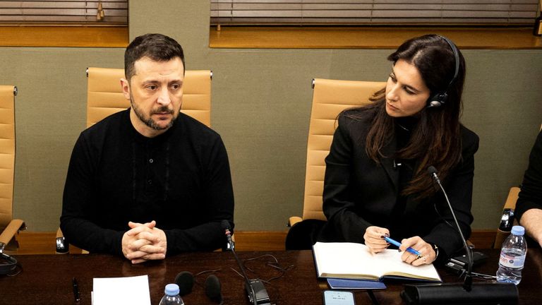 Sky's Yalda Hakim was among the journalists asking Volodymyr Zelenskyy questions at Stansted Airport. Pic: Reuters