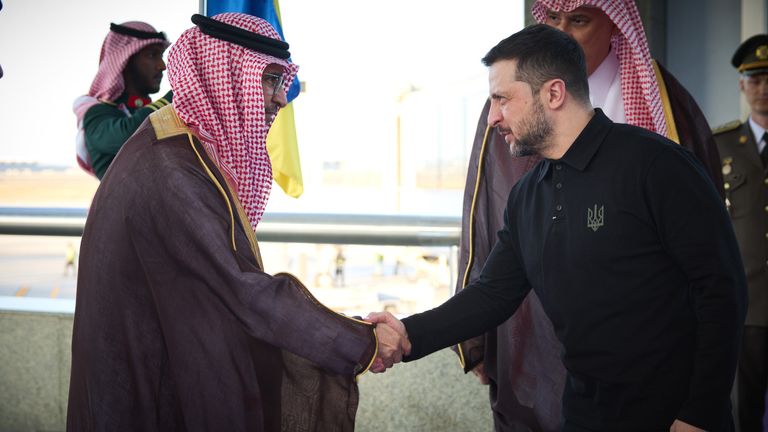 Volodomyr Zelenskyy arrives in Jeddah, Saudi Arabia. Pic: Ukrainian President Office