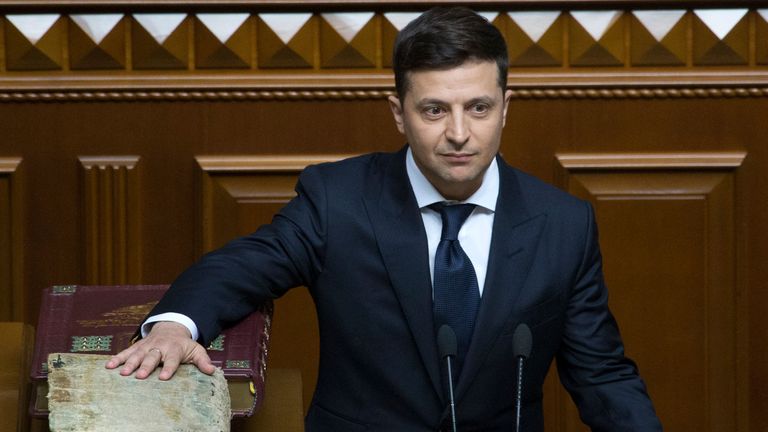 Zelenskyy, pictured during his inauguration, has dressed formally in the past, but ditched the suits after Russia invaded his country in 2022. Pic: AP