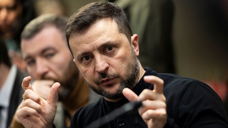 Ukrainian President Volodymyr Zelenskyy gestures during a meeting with members of the media on the outskirts of London, Britain, March 2, 2025. REUTERS/Carlos Jasso
