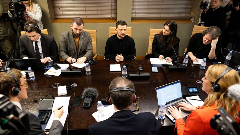 Ukrainian President Volodymyr Zelenskyy listens questions during a meeting with members of the media on the outskirts of London, Britain, March 2, 2025. REUTERS/Carlos Jasso