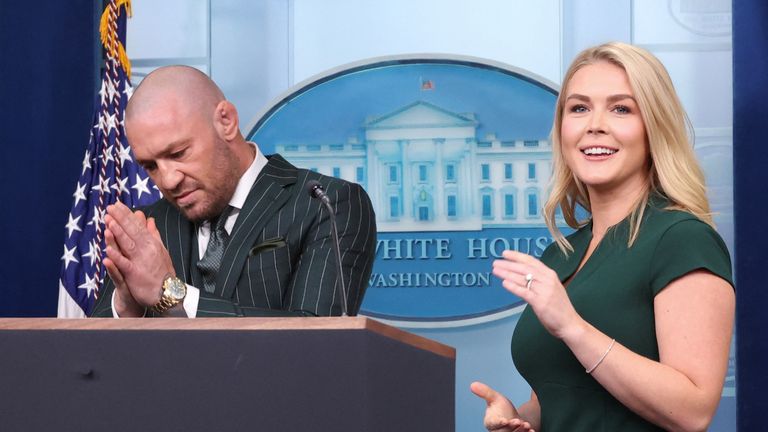 UFC fighter Conor McGregor speaks at the briefing room lectern, with White House press secretary Karoline Leavitt at his side, during a visit to the White House in Washington.
Pic: Reuters