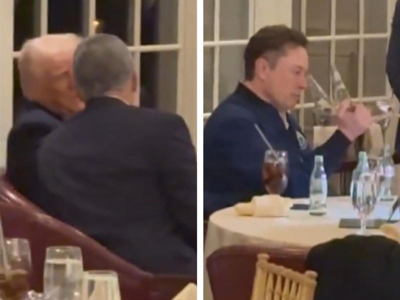 Elon Musk balances cutlery on one finger while Donald Trump has a chat  during golf dinner | Offbeat News | Sky News