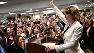 Democrat-backed Wisconsin Supreme Court candidate Judge Susan Crawford reacts after voters elected her to the state Supreme Court, at her election night headquarters in Madison, Wisconsin, U.S. April 1, 2025. REUTERS/Vincent Alban
