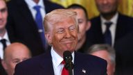 U.S. President Donald Trump reacts as he welcomes the members of the 2024 World Series Champion Los Angeles Dodgers in the East Room at the White House in Washington, D.C., U.S., April 7, 2025. REUTERS/Leah Millis
