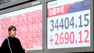 A display shows the sharp rising of the Nikkei average stock price on the rebound in Chuo Ward, Tokyo on April 10, 2025. U.S. President Donald Trump announced that it would suspend the "reciprocal tariffs" imposed on the 9th for 90 days, causing a sharp rebound after the previous day's sharp drop. ( The Yomiuri Shimbun via AP Images )