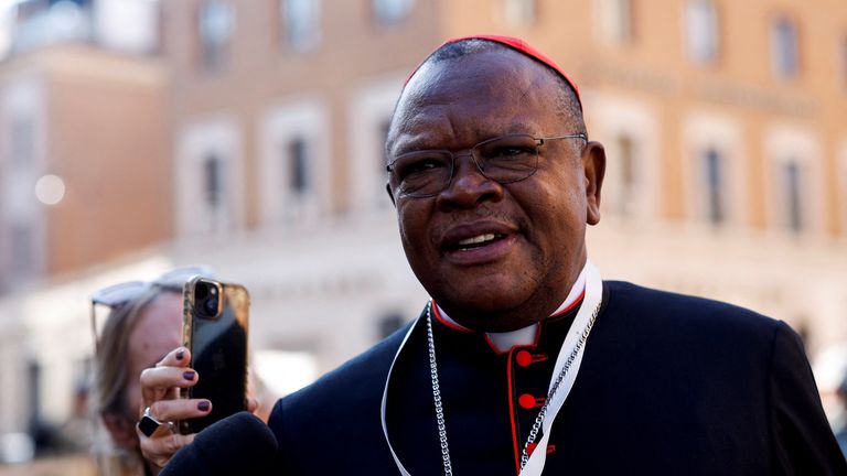 Cardinal Fridolin Ambongo Besungu arrives for a general congregation meeting at the Vatican, as seen from Rome, Italy, April 30, 2025. REUTERS/Amanda Perobelli
