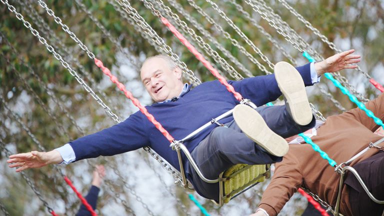 Liberal Democrats leader Ed Davey on a fairground ride during a visit to the BIG Sheep theme park in Bideford.
Pic: PA
