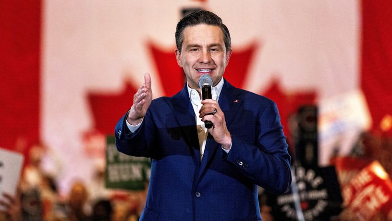 FILE PHOTO: Conservative Party of Canada leader Pierre Poilievre speaks at an election campaign event in Brampton, Ontario, Canada April 9, 2025. REUTERS/Carlos Osorio/File Photo