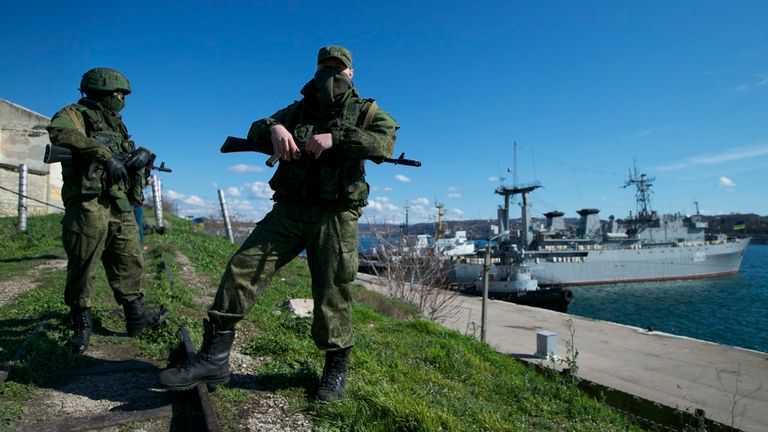Russian soldiers in Sevastopol, on the Crimean Peninsula, in 2014. Pic: AP