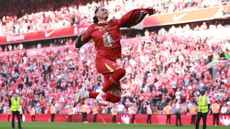 Darwin Nunez mid-air in celebration after the game. Pic: Reuters