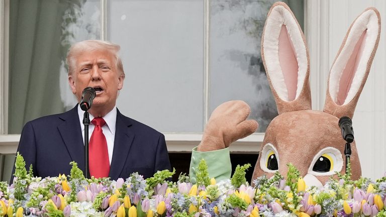Donald Trump speaking at the annual White House Easter Egg Roll event. Pic: Reuters
