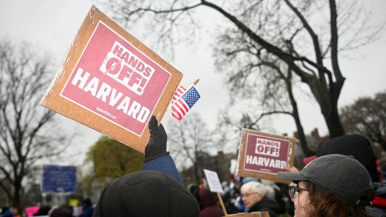 Demonstrators rally to demand Harvard resists President Trump. Pic: Reuters