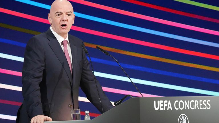 Gianni Infantino speaks at the 49th ordinary UEFA congress in Belgrade.
Pic: AP/Darko Vojinovic
