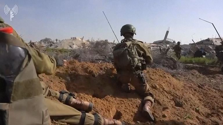 The IDF has released a video which, it says, shows its latest operations in the Gaza Strip. Pic: Israeli Defence Forces/AP  