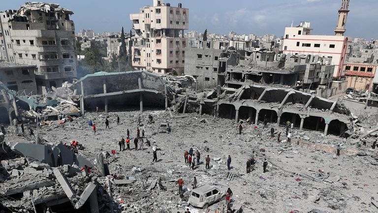 The aftermath at the Dar Al-Arqam school after it was hit by an Israeli strike. Pic: Reuters