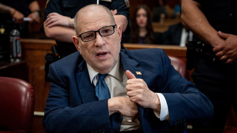 Harvey Weinstein appears for court at the Manhattan Criminal Courthouse on Wednesday, April 16, 2025 in New York City. After winning his appeal at New York’s Court of Appeals, the case is re-opened for retrial. Angelina Katsanis/Pool via REUTERS