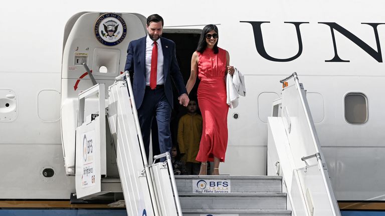 U.S. Vice President JD Vance and Second Lady Usha Vance arrive in New Delhi, India.
Pic: Reuters