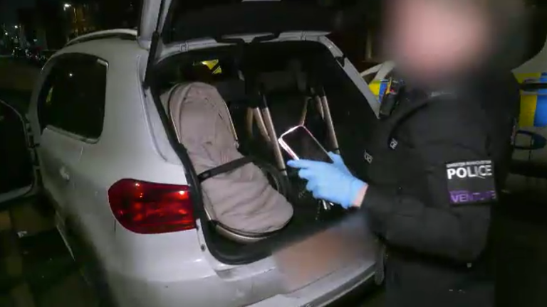 The car pulled over by the officers was full of baby equipment, as well as a knife and cash