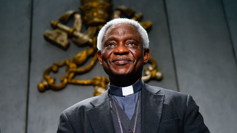 Cardinal Peter Turkson attends a news conference for the presentation of Pope Francis' message for 2022 World Day of Peace at the Vatican, December 21, 2021. REUTERS/Guglielmo Mangiapane
