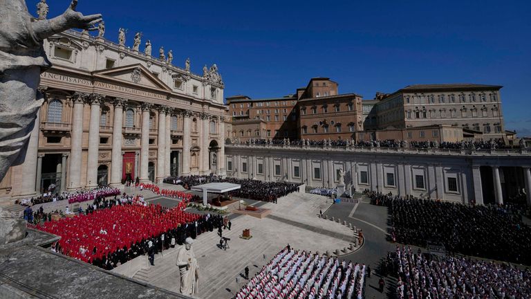 A view of St Peter's Square during the funeral of Pope Francis, at the Vatican, Saturday, April 26, 2025. (AP Photo/Gregorio Borgia)