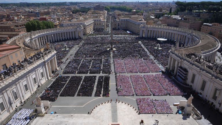 A view of the funeral of Pope Francis in St. Peter's Square at the Vatican, Saturday, April 26, 2025. (AP Photo/Alessandra Tarantino)