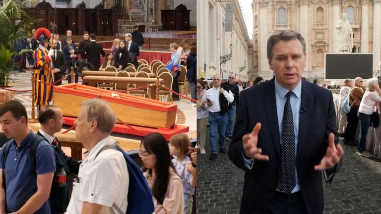 Sky's Adam Parsons goes inside St Peter's Basilica where mourners are queuing for "eight hours" to see Pope Francis in his coffin. 