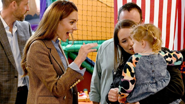 The Prince and Princess of Wales, known as the Duke and Duchess of Rothesay when in Scotland, during their visit to the soft play area inside the Aros Hall community hub in the town of Tobermory on the Isle of Mull.
Pic: PA