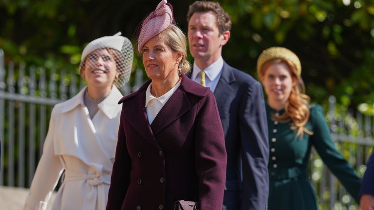 The Duchess of Edinburgh followed by Princess Eugenie and her husband Jack Brooksbank and Princess Beatrice arrive for the Easter Mattins service at St George's Chapel in Windsor Castle, Berkshire. Picture date: Sunday April 20, 2025.
