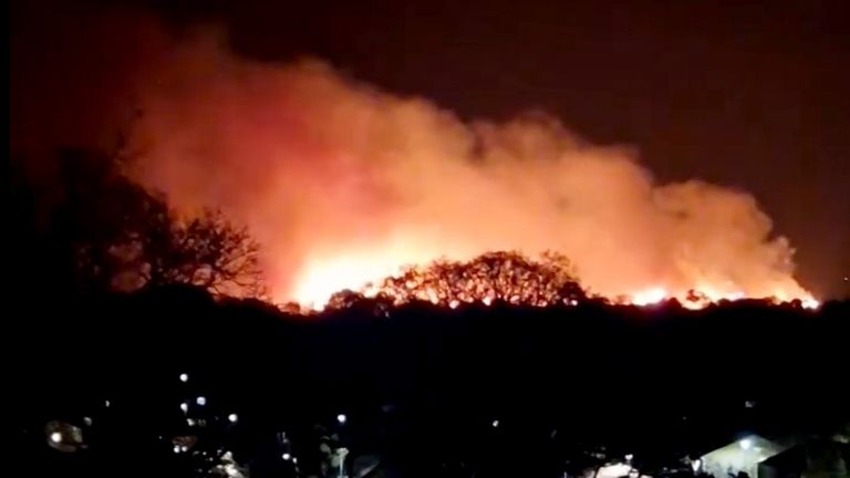 A view from Upton Heath of the fire at Canford Heath.
Pic:Tara D'Arcy/PA
