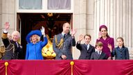 King Charles, Queen Camilla, the Prince of Wales, Prince George, Prince Louis, the Princess of Wales, and Princess Charlotte on the balcony of Buckingham Palace.
Pic: PA