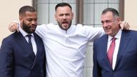 Frederick Doe, 36, (centre) also known as Frederick Sines, leaving Oxford Crown Court after being sentenced to 21 months imprisonment suspended for two years and ordered to do 240 hours unpaid work, after he was found guilty of conspiracy to transfer criminal property, over the theft of a £4.8 million gold toilet from Blenheim Palace in 2019. Picture date: Monday May 19, 2025.
