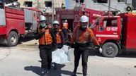 Rescuers removing the children's bodies from the rubble. Pic: Palestinian Civil Defence