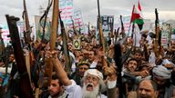 Protesters, mainly Houthi supporters, rally in solidarity with Palestinians, in Sanaa, earlier this month.
Pic: Reuters/Khaled Abdullah
