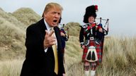 U.S. property mogul Donald Trump gestures during a media event on the sand dunes of the Menie estate, the site for Trump's proposed golf resort, near Aberdeen, Scotland, Britain May 27, 2010. To match Special Report USA-ELECTION/TRUMP-GOLF REUTERS/David Moir/File Photo
