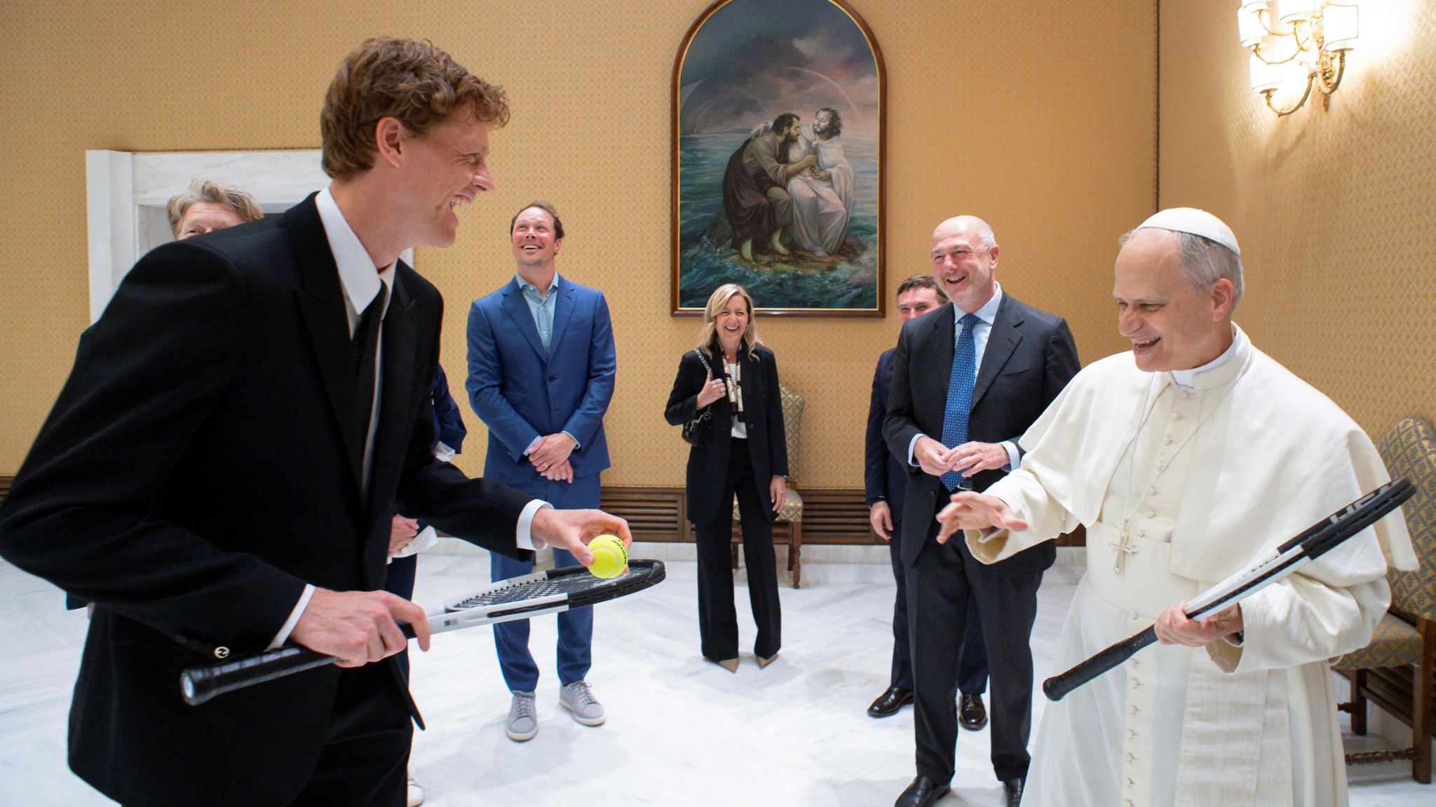 Pope Leo, keen tennis player, gets racket from Sinner during Vatican ...