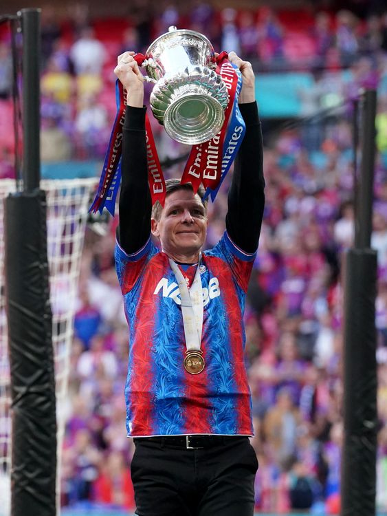 Crystal Palace manager Oliver Glasner celebrates with the FA Cup trophy on the pitch after the Emirates FA Cup final at Wembley Stadium, London. Picture date: Saturday May 17, 2025. PA Photo. Photo credit should read: Adam Davy/PA Wire