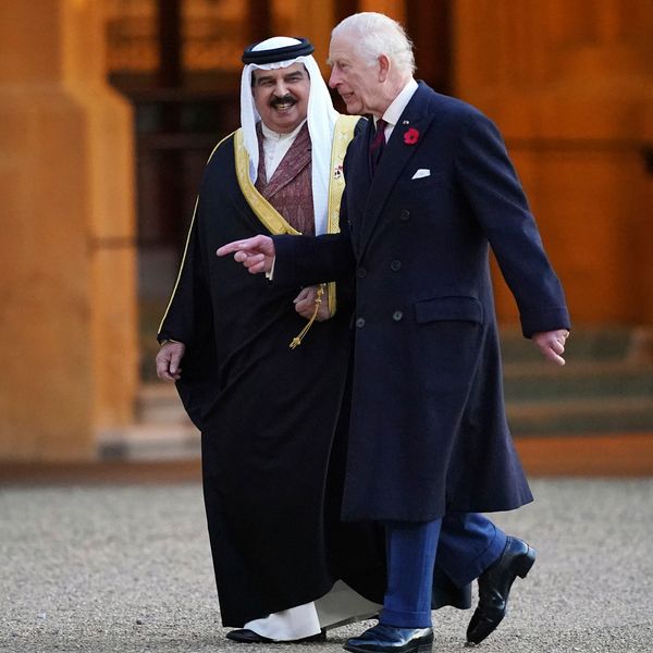 King Charles walks with King Hamad Bin Isa Al Khalifa at Windsor Castle in November 2024. File pic: AP