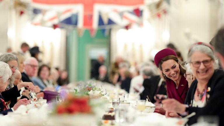 The Prince and Princess of Wales attend a tea party hosted by The King, Patron of the Royal British Legion, and The Queen for veterans and members of the Second World War generation. 
Pic: Andrew Parsons / Kensington Palace

