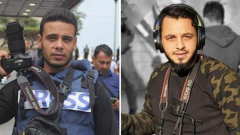 Sourced via Rosabel Crean from SN For Desk:
[LEFT] Journalist Abdel Rahman Al-Abadleh had been killed in an Israeli airstrike on the town of Al-Qarara, southern Gaza. He had been missing for two days, and only this morning his fate was confirmed
[RIGHT] Journalist Aziz Al-Hajjar, his wife, and their children were killed in an Israeli airstrike on Bir Al-Naaja neighbourhood in northern Gaza
