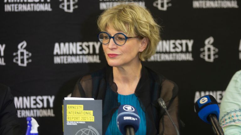 Amnesty International...s  secretary-general Agnes Callamard at a news conference in Johannesburg, Monday, March 28, 2022. Callamard said the rights organization will soon release an in-depth report on the devastation caused by Russia...s assault on the city of Mariupol, Ukraine. (AP Photo/Denis Farrell).